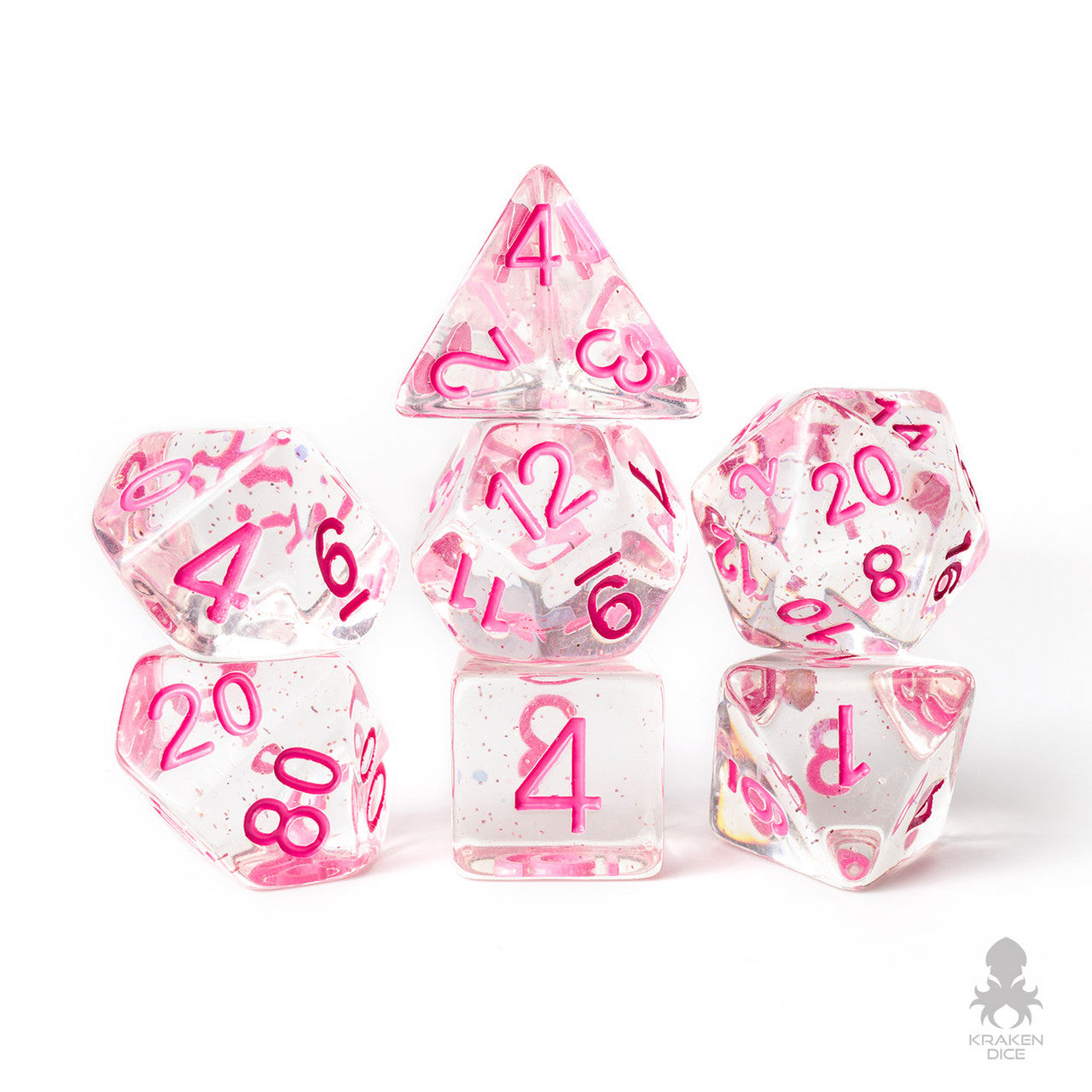 Shiny Pink with Glitter Flake Filled 7pc Polyhedral Dice Set